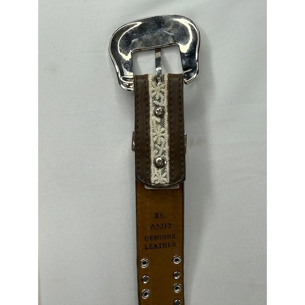 Western Brown Leather Lace Rhinestone Studded Belt Silver Floral Buckle XL A5212